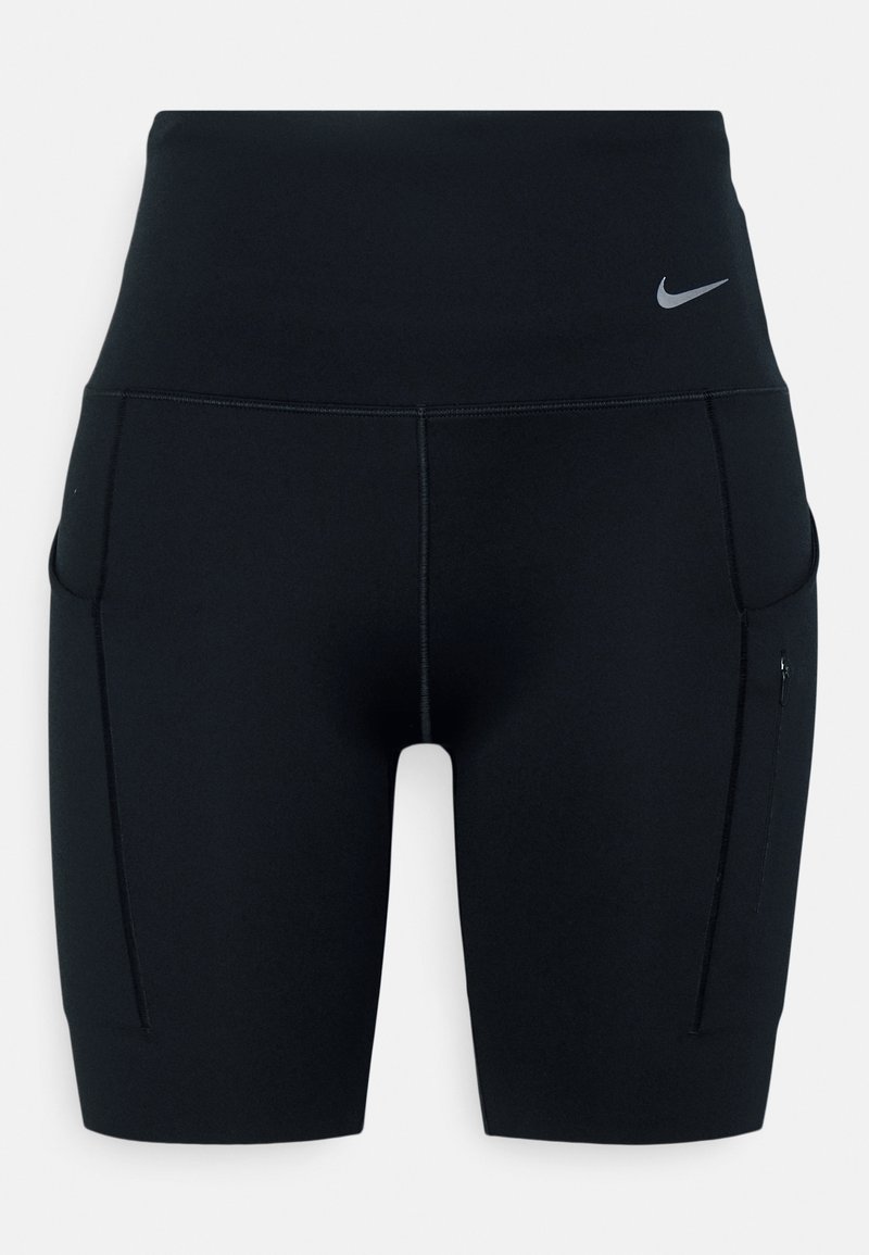 Shorts deportivos negros de talle alto hechos de material elástico; cuentan con bolsillos laterales y un pequeño logotipo de Nike en la cinturilla.