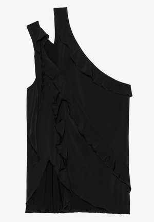 Ujevn svart topp i myk stoff med volanger langs siden og en enkelt stropp. Jevn tekstur med drapert design.