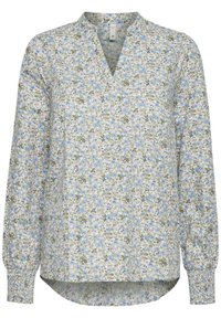Langärmlige Bluse aus leichtem Stoff, mit floralem Muster in Blau-, Rosa- und Grüntönen. V-Ausschnitt, geraffte Ärmel und abgerundetem Saum.