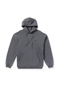 Grå hættetrøje lavet af blødt stof med en frontlomme, justerbare snore og et lille logo på brystet. Regular fit med ribbede manchetter.