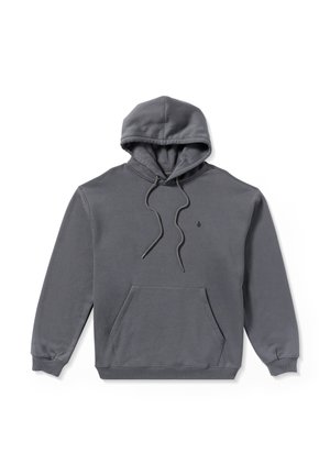 Sudadera gris hecha de tela suave con un bolsillo frontal, cordones ajustables y un pequeño logotipo en el pecho. Corte regular con puños acanalados.