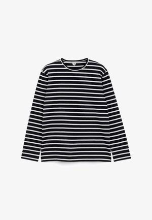Long-sleeve shirt with black and white horizontal stripes, round neckline, laid flat on a white background.