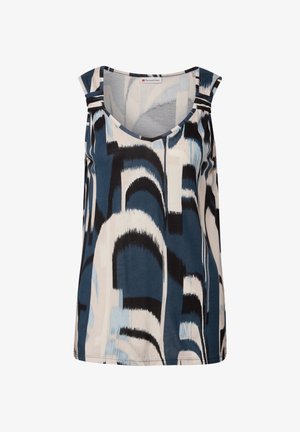 Mouwloze top met een blauw, zwart en wit abstract patroon. Gemaakt van lichte stof met een ronde halslijn en een ontspannen pasvorm.