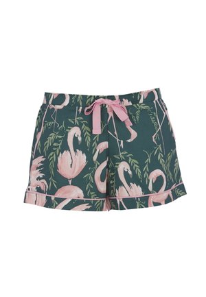 Bloemmotief korte broek in donkergroen met een roze flamingo patroon. Zachte stof met een aantrekkoord in de taille en contrasterende roze afwerking bij de zoom.