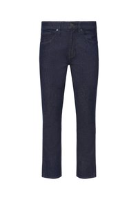 Jeans en denim bleu foncé avec une coupe droite, dotés d'une fermeture à bouton à l'avant, de cinq poches et de coutures contrastées.