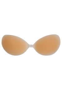 Beige kleef-bh met gladde, naadloze cups. De bh heeft een centrale sluiting en een gestructureerd oppervlak voor extra grip tegen de huid.
