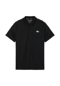 Polo shirt nera in cotone. Caratterizzata da un colletto, maniche corte e un piccolo logo bianco sul petto. Cuciture laterali con dettagli a motivo.