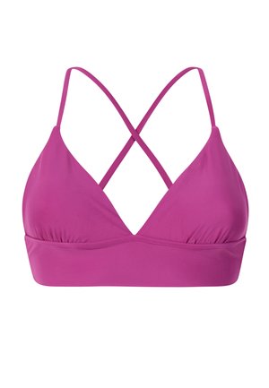 Magenta bralette met driehoekige cups en dunne bandjes die kruisen aan de achterkant, voorzien van een brede band onder de buste voor ondersteuning.