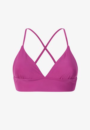 Magenta bralette met driehoekige cups en dunne bandjes die kruisen aan de achterkant, voorzien van een brede band onder de buste voor ondersteuning.
