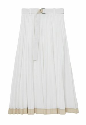 Gonna midi bianca plissettata con bordo beige sull'orlo e cintura abbinata con fibbia argentata in vita.