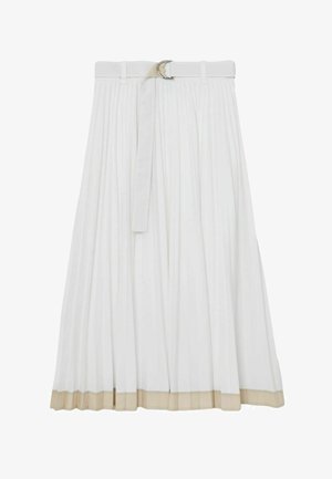 Gonna midi bianca plissettata con bordo beige sull'orlo e cintura abbinata con fibbia argentata in vita.