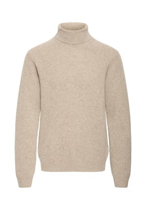 Beige turtleneck sweater made of soft knit material. Features a ribbed collar and long sleeves with a slightly relaxed fit.