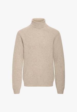 Beige turtleneck sweater made of soft knit material. Features a ribbed collar and long sleeves with a slightly relaxed fit.