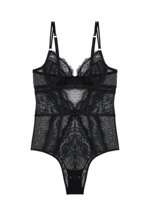 Body en dentelle noire avec bretelles doubles réglables, bonnets avec armatures, panneaux en maille transparente et fermetures pression à l’entrejambe.