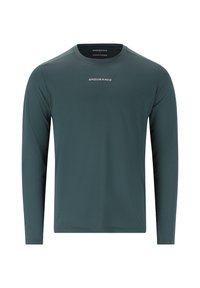 Langärmliges Sportshirt in Dunkelgrün, aus feuchtigkeitsableitendem Stoff, mit Rundhalsausschnitt und dezentem Strukturmuster.