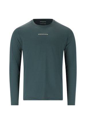 Langärmliges Sportshirt in Dunkelgrün, aus feuchtigkeitsableitendem Stoff, mit Rundhalsausschnitt und dezentem Strukturmuster.