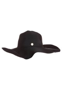 Cappello nero a tesa larga con design testurizzato e righe, accentuato da un logo metallico. Materiale flessibile consente una facile regolazione della forma.