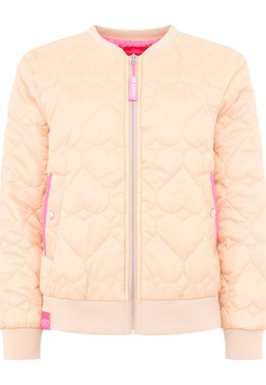 Hellpfirsichfarbene, gesteppte Jacke mit Herzmustern, vorderem Reißverschluss mit "BE HAPPY"-Anhänger, pink eingefassten Taschen sowie gerippten Bündchen an Ärmeln und Saum.