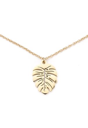 Goldene Halskette mit Anhänger in Form eines Monstera-Blattes mit detaillierten Ausschnittmustern an einer feinen Kette.