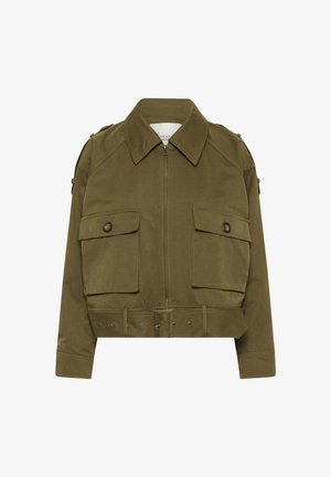 Olive green cropped jacket with front zipper, two buttoned flap pockets, wide collar, long sleeves, and adjustable belt at the waist.