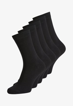 Meias de algodão pretas em um pacote de cinco, com textura suave, design de comprimento médio e punho canelado para conforto e ajuste.