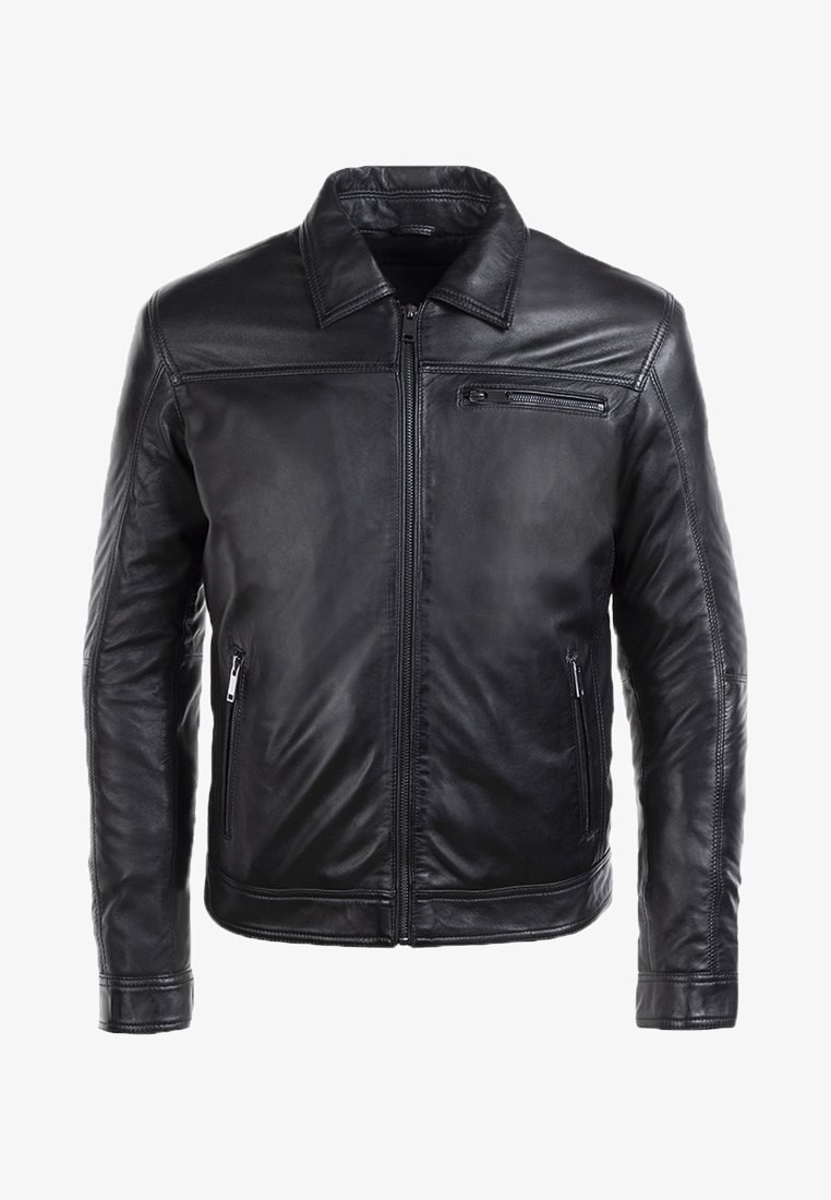 Svart läderjacka med dragkedja fram, spetsig krage och två sidofickor. Den släta ytan har subtil stickad detaljering.