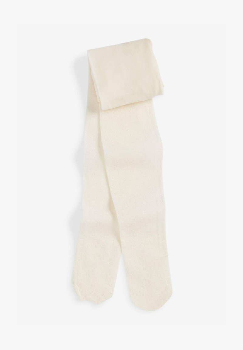 Beżowe rajstopy wykonane z miękkiego materiału; mają gładką fakturę z delikatnym blaskiem, wykończone bezszwowo z zaokrąglonym palcem.