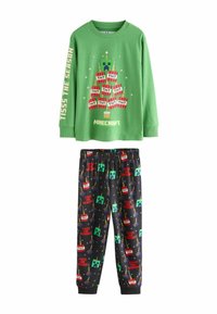 Green long-sleeve pajama top with "TISS THE SEASON" text and TNT graphic. Black pants featuring Minecraft-themed patterns and colorful accents.