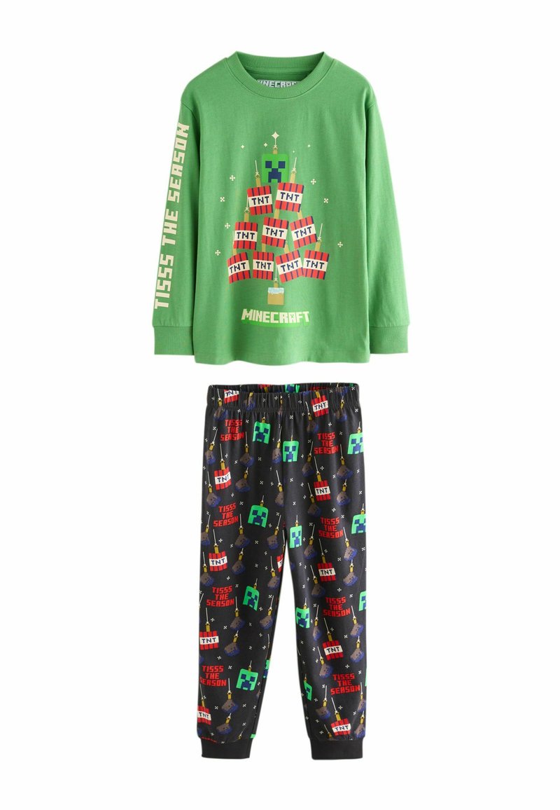 Green long-sleeve pajama top with "TISS THE SEASON" text and TNT graphic. Black pants featuring Minecraft-themed patterns and colorful accents.