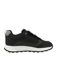 Scarpa sportiva nera con una parte superiore testurizzata, chiusura con lacci e un'intermedia bianca, accompagnata da una resistente suola in gomma nera.