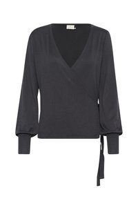 Dunkelgraues Wickeloberteil mit tiefem V-Ausschnitt, langen Puffärmeln, gerippten Bündchen und einer gebundenen Akzent an der Taille, gefertigt aus weichem Stoff.