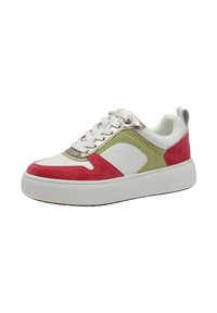 Sneakers made of white leather with pink and green suede accents, metallic details, round toe, thick white sole, and lace-up design.
