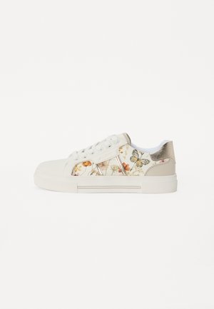 White sneakers with floral print, featuring a textured pattern with butterflies and flowers, solid heel, and round laces. Rubber sole.