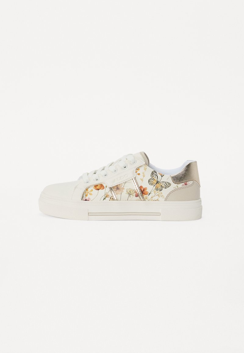 White sneakers with floral print, featuring a textured pattern with butterflies and flowers, solid heel, and round laces. Rubber sole.