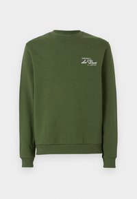 Olivgrüner Sweatshirt mit geripptem Rundhalsausschnitt, langen Ärmeln und einer weichen Textur. Mit weißem, bedrucktem Logo auf der Brust.