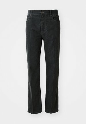 Pantalons en velours côtelé noir avec une coupe droite, dotés d'un fermoir à bouton, de deux poches avant et d'une texture à côtes verticales.