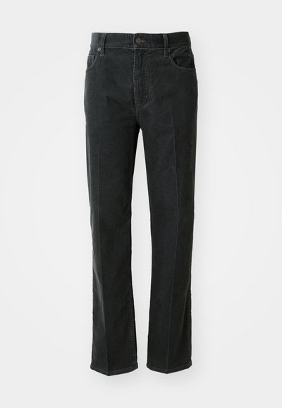 Black corduroy trousers with a straight-leg design, featuring a button closure, two front pockets, and vertical ribbed texture.