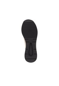 Semelle de chaussure en caoutchouc noir avec des rainures horizontales et verticales, comportant un logo en relief et une forme de bout légèrement arrondie.