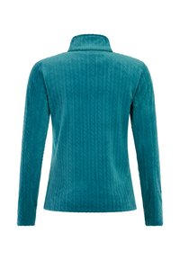 Turkusowa kurtka z długim rękawem o teksturowanym wzorze, z kołnierzem i dopasowanym krojem. Gładki materiał z delikatnymi pionowymi liniami.