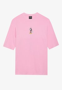 Rosa bomull T-skjorte med korte ermer, med en svart-hvitt tegneseriefigur trykt på brystet. Myk tekstur og rund halsdesign.