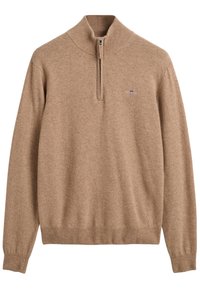 Brauner Zip-Kragen-Pullover aus weichem Material, mit langen Ärmeln, gerippten Bündchen und Saum sowie einem kleinen Logo auf der Brust.