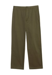 Olive green cotton trousers with a straight leg design, featuring side pockets and a button closure. Smooth texture and minimal detailing.