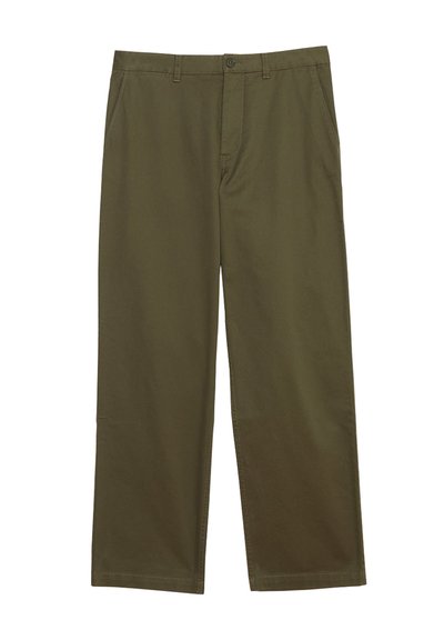 Olivenfarbene Baumwollhosen mit geradem Bein, ausgestattet mit Seitentaschen und einem Knopfverschluss. Glatte Textur und minimale Details.