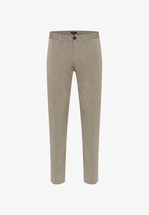 Beige strukturierte Hose mit subtiler melierter Textur, schmal zulaufendem Bein, Fronttaschen und einem einzelnen Knopfverschluss am Bund.