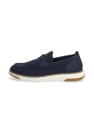 Souliers navy à enfiler avec tige en tissu en maille, semelle en caoutchouc et intercalaire blanc contrasté. Présente une sangle décorative sur le devant.
