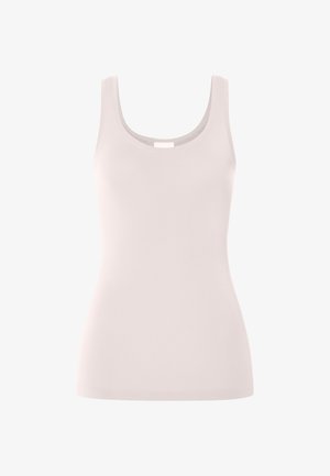 Camiseta sin mangas ajustada de color rosa pálido con escote redondo y tela suave.