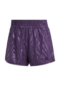 Lila Kordelzug-Shorts aus glattem, leichtem Material mit einem dezenten Zebra-Muster und seitlichen Schlitzen für Bewegungsfreiheit.