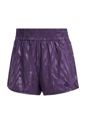 Pantaloni corti viola con coulisse, realizzati in materiale liscio e leggero, caratterizzati da un sottile motivo zebra e fessure laterali per una maggiore mobilità.