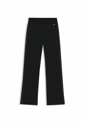 Czarne spodnie sportowe z szerokimi nogawkami, elastycznym paskiem w talii oraz bocznymi kieszeniami z kontrastowym teksturowanym paskiem.