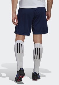 Des shorts de sport de couleur marine associés à des chaussettes blanches avec trois rayures noires. Des chaussures de soccer noires et bleues complètent la tenue.